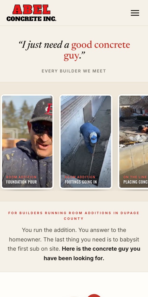 Abel Concrete website on mobile