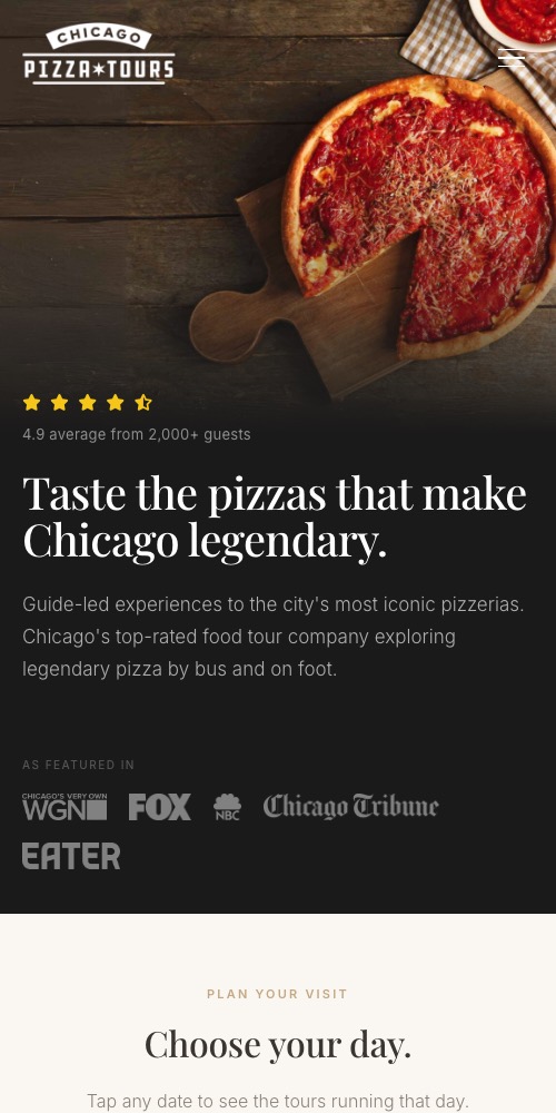 Chicago Pizza Tours website on mobile